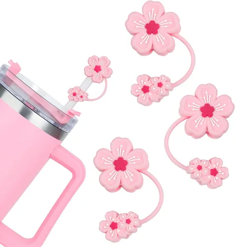Fundas de paja para copa Stanley, adorno de popote de silicona para copa Stanley, 30 y 40 onzas, fundas de popote de flores rosas para accesorios de
