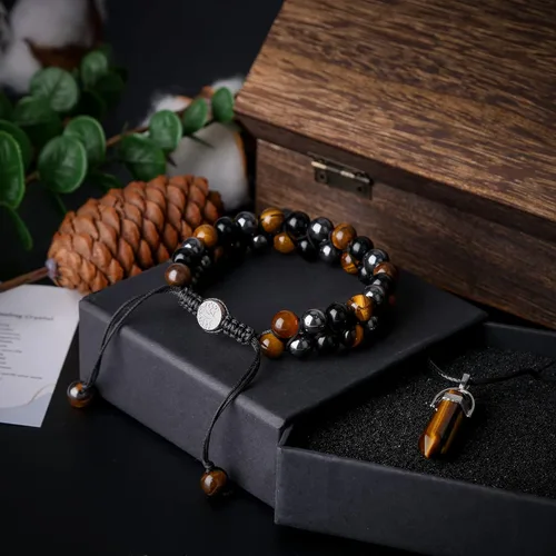 Miniatura 5 de Pulsera Hecha a Mano de Triple Protección 10mm de Hematita Obsidiana Negra Ojo de Tigre con Piedras de Cristal de Curación para Hombres y Mujeres