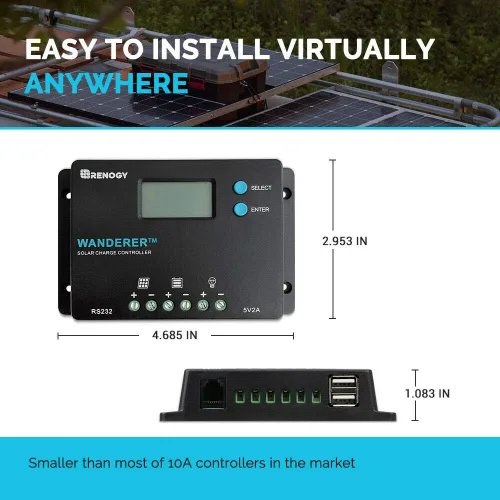 Miniatura 8 de Renogy controlador de carga solar de 10 amperes, 12 V/24 V PWM, conexión de polo negativo a tierra, diseño compacto con pantalla LCD