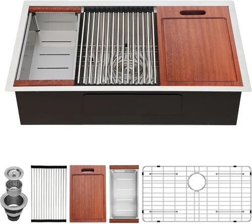 Miniatura 2 de Fregadero de cocina moderno con estación de trabajo de calibre 18 de 30 pulgadas, fregadero de cocina R10 de acero inoxidable de radio ajustado