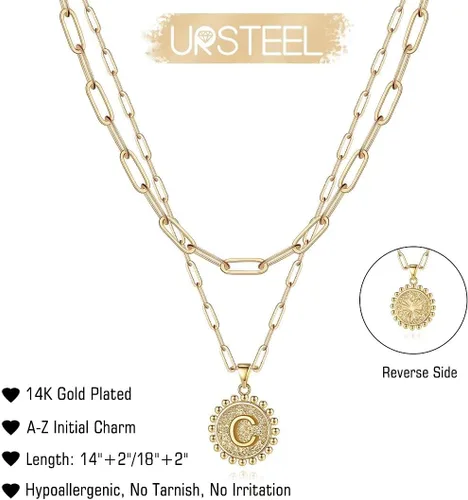 Miniatura 5 de Gargantilla en capas para mujer, chapada en oro de 14 quilates, cadena fina de eslabones, collar sencillo, ajustable, con dije de moneda con letra