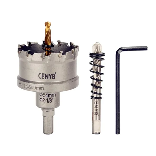 Miniatura 65 de 10 piezas (16-54 mm) Kit de sierra perforadora de carburo TCT para metales duros. Incluye 2 brocas de titanio, 1 broca piloto escalonada y 2 llaves
