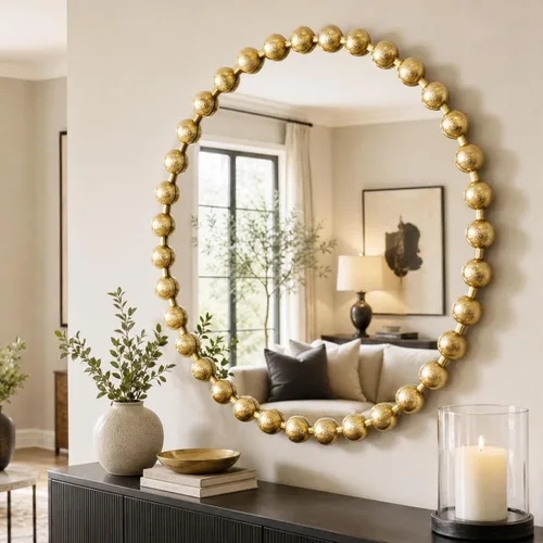 Miniatura 3 de Madison Park Espejo Redondo, Espejo Circular con Marco de Metal de 36 Pulgadas, Arte Decorativo de Pared Montado para Colgar en Entrada, Baño, Dorado