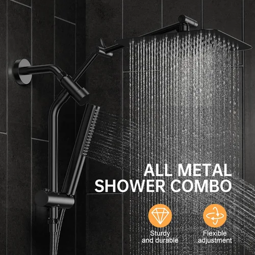 Miniatura 2 de Veken Lujoso cabezal de ducha de lluvia de metal de 10 pulgadas con combo de rociador de mano, cabezales de ducha cuadrados de lluvia de alta Negro