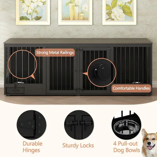 Miniatura 4 de Mueble estilo jaula para perros grande para 2 perros, perrera de madera resistente de 86.6" con cajones y divisor para comedero de perros, perrera