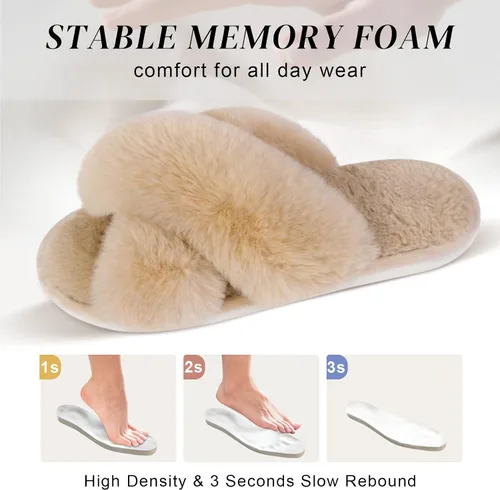 Miniatura 3 de Parlovable Pantuflas peludas para mujer, cómodas con banda cruzada, zapatos de casa de espuma viscoelástica con punta abierta, regalos