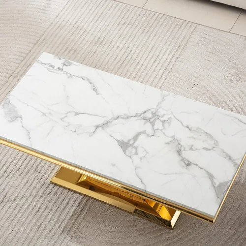 Miniatura 9 de SSLine Mesa de Centro Rectangular de Mármol Sintético para Sala de Estar, Mesa Central Moderna de Mármol Blanco de Lujo con Base Doble en Forma de U