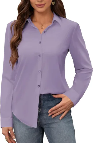 Miniatura 10 de Siliteelon - Camisas de vestir para mujer, a prueba de manchas, sin arrugas, de manga larga, sólidas, para trabajo y negocios, con botones