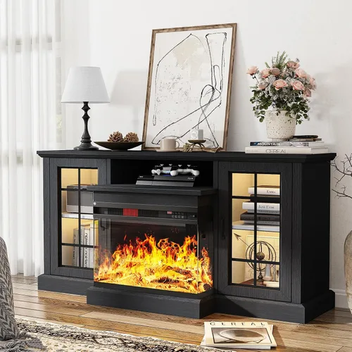 Miniatura 2 de oneinmil - Soporte de TV con chimenea de 59 pulgadas y vidrio en 3 lados para aparatos de hasta 65 pulgadas, centro de entretenimiento moderno