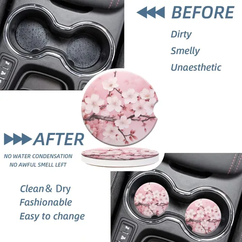Miniatura 3 de Portavasos para automóvil, posavasos de cerámica con estampado floral rosa, soporte antideslizante con agarre para la punta del dedo, accesorios