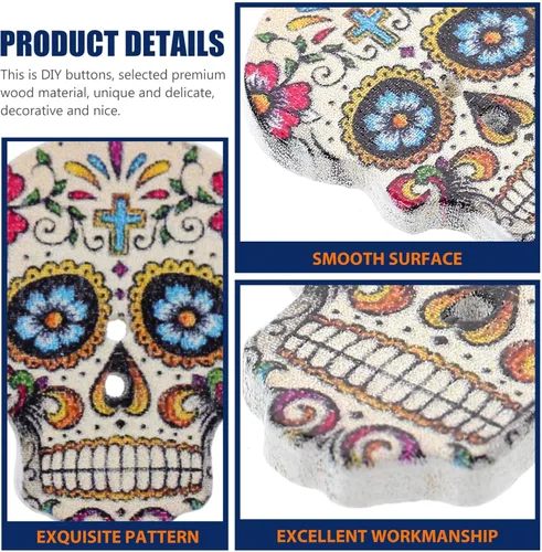 Miniatura 6 de GLEAVI Botones de calavera de madera para coser, 50 piezas, accesorios de ropa decorativos, pequeños botones de madera de dos agujeros