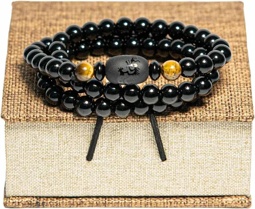 Obsidian Bracelet Natural Black Onyx Tiger Eye Stone with Phoenix Totem Jewelry Bracelet, 8mm Beaded Bracelets Feng Shui Bracelet for Meditation