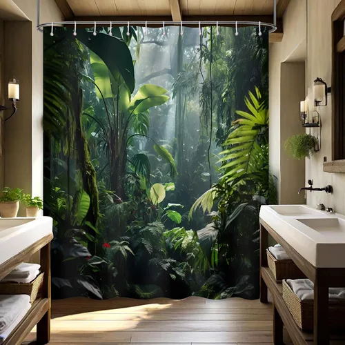 Miniatura 12 de Cortina de ducha verde de selva naturaleza bosque selva tropical paisaje planta tropical decoración de baño, tela impermeable con ganchos, 36x72
