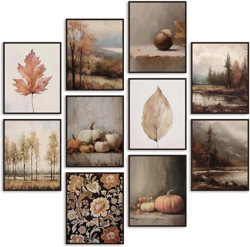 Whaline 10 piezas de arte de pared vintage de Acción de Gracias, varios pósteres de papel estéticos rústicos retro, decoración de paisajes otoñales