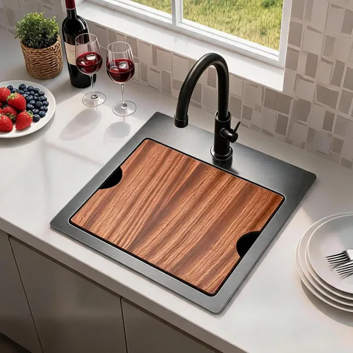Miniatura 3 de Fregadero de Barra Negro Empotrable de 15x15 Pulgadas - Fregadero de Cocina Cuadrado Pequeño de Acero Inoxidable de Montaje Superior para Estación