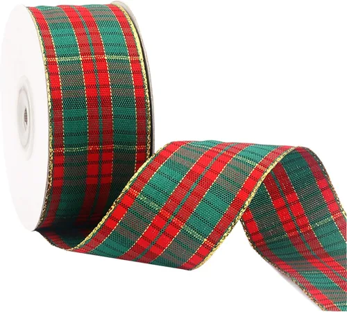 Miniatura 14 de Cinta de Navidad a cuadros 25 yardas cada rollo 100% poliéster con borde tejido gingham para manualidades navideñas, envoltura de regalos