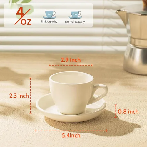Miniatura 2 de Sweese - Juego de 6 tazas de porcelana de 4 onzas con platillos para espresso, capuchino, latte, té - Color blanco