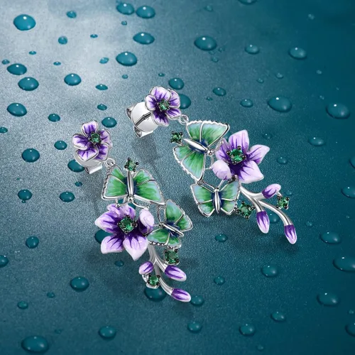 Miniatura 3 de Santuzza - Aretes colgantes de plata de ley 925 con flores esmaltadas para mujer