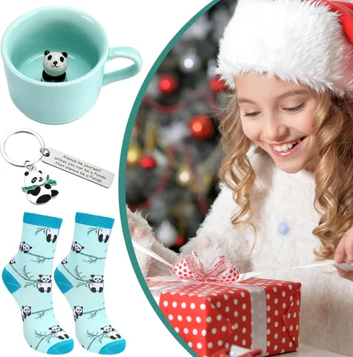 Miniatura 6 de Kit de regalo con temática de panda de 3 piezas para mujeres, taza de panda, calcetín y llavero, linda taza para fiesta de Navidad, regalo