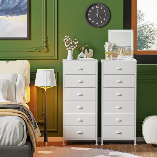 Miniatura 8 de Furnulem - Cómoda alta blanca para dormitorio, unidad de almacenamiento vertical y mesa auxiliar con 6 cajones de tela, mueble de mesita de noche