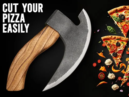 Miniatura 3 de Cortador de pizza vikingo hecho a mano Auténtica rebanadora de pizza medieval con mango de madera de ceniza y funda de cuero Herramientas