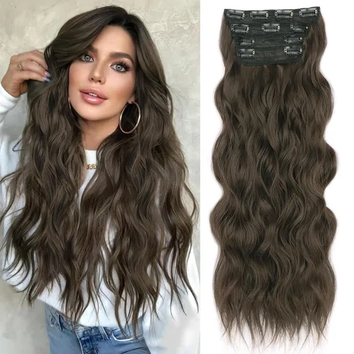 Miniatura 33 de ALXNAN Extensiones de cabello sintético largo y ondulado con clip, de 16 pulgadas, color negro natural, 4 piezas gruesas, fibra de doble trama
