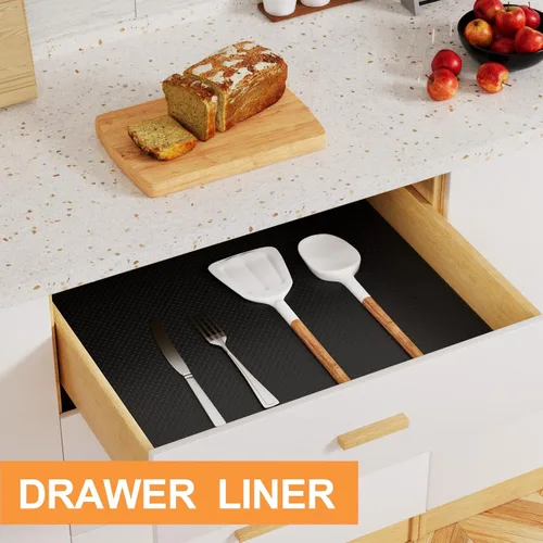 Miniatura 3 de FLPMIX Revestimientos de estantes para armarios negros: tapete impermeable para cajones de cocina, no adhesivo, fácil de cortar, revestimiento