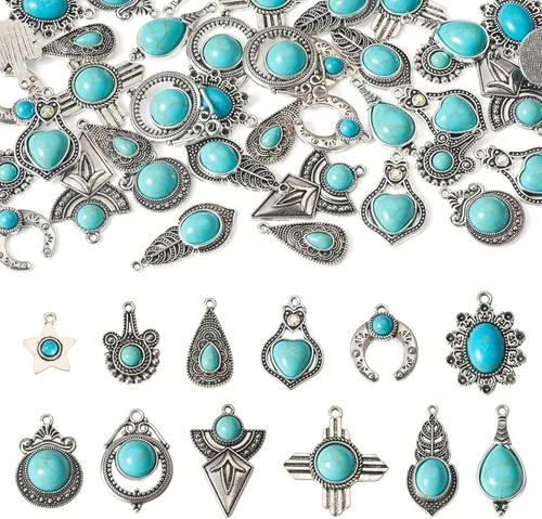 Miniatura 11 de Colgantes de estilo tibetano, dijes de piedra turquesa sintética para collar, pulsera, joyería, fabricación de artesanías, Gema, No es una piedra