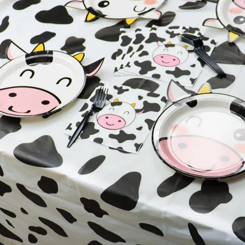 Miniatura 4 de Suministros de fiesta con estampado de vaca: platos con forma de vaca, servilletas con patrón, tenedores, cubierta de mesa para cumpleaños de niñas