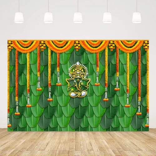 Pooja Telón de Fondo Tela de Decoración Artículos Indios Ganpati Puja Tradicional Chatiya Ganesh Mehndi Fotografía Fondo Festival Boda Fiesta