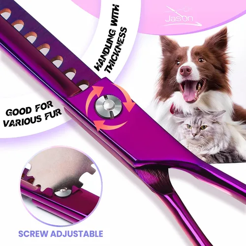 Miniatura 3 de JASON Kit profesional de tijeras para perros 6 en 1: rectas, adelgazantes, chunker, tijeras curvadas y peine para cabello largo y corto y gato