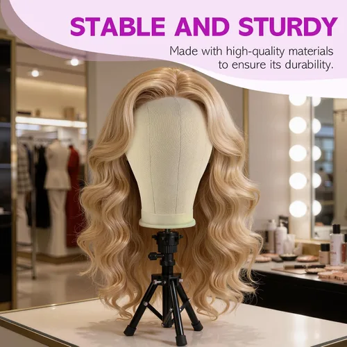 Miniatura 7 de Neverland Beauty & Health Cabeza de maniquí para peluca de 22 pulgadas con soporte trípode, juego de cabeza de lona para maniquí para fabricación