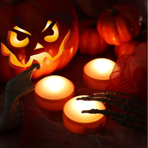 Miniatura 5 de Paquete de 3 luces de calabaza de Halloween con control remoto/temporizador, velas LED que funcionan con pilas, luces naranjas sin llama, velas