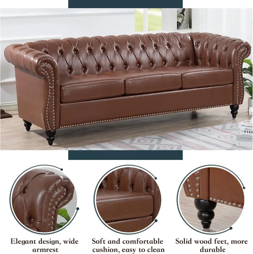 Miniatura 4 de Chesterfield - Sofá tapizado de piel sintética, con respaldo copetudo, sofá clásico de cuero de 3 plazas, brazo enrollado para sala de estar, Marrón