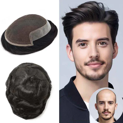 Miniatura 30 de Hombres Toupee Sistema de Cabello Humano Real para Hombres Encaje Suizo Toupee Para Hombres Nudos Blanqueados Hombres Hairpieces Pieza Para Hombres