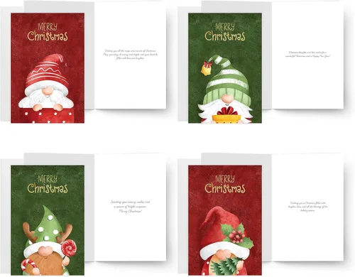 Miniatura 4 de easykart labels 20 tarjetas de gnomo navideño con sobres y pegatinas de sellado, 4 diseños navideños de Santa con efecto de hoja dorada, 6.75" x