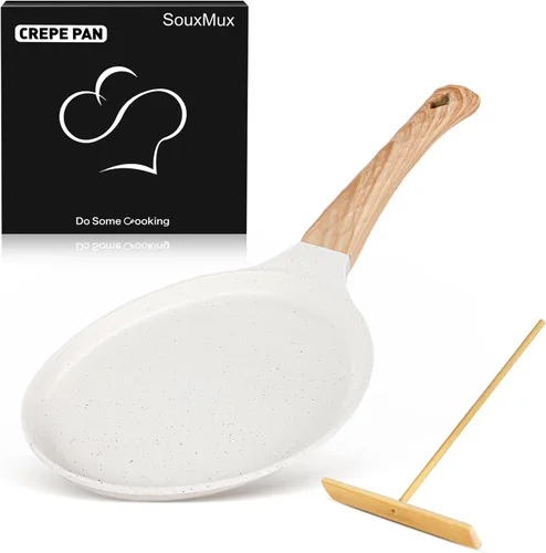 SouxMux Sartén antiadherente para crepas de 8 pulgadas con esparcidor, sartén Dosa Tawa recubierta de cerámica, sartén plana compatible con Blanco