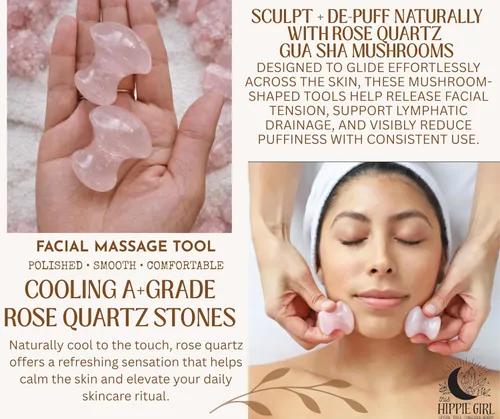 Miniatura 3 de Este juego de hongos Gua Sha para niña hippie, herramienta de masaje para tonificación facial de cuarzo rosa y esculpir yoga, herramientas