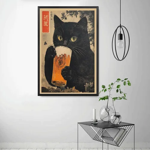 Miniatura 4 de SENLYCH Póster de pintura en lienzo e impresión vintage de gato negro con cerveza, impresión de arte japonés, gato negro bebiendo cerveza, póster