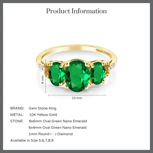 Miniatura 5 de Gem Stone King Anillo de compromiso de oro amarillo de 10 quilates con esmeralda y diamante de imitación de 3 piedras 1.59 Cttw Anillo de promesa