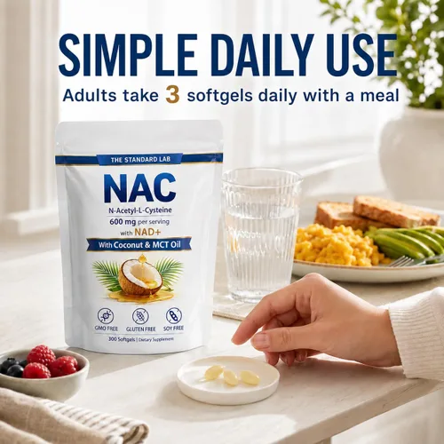 Miniatura 4 de The Standard Lab NAC 600mg con complejo diario NAD+, 300 cápsulas blandas NAC 600mg Per Serving With NAD+ Daily Support, GMO Free, Gluten Free