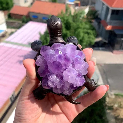 Miniatura 4 de Runyangshi Tortuga de amatista natural de 4.52 pulgadas, tortuga de cristal curativo de brotes de amatista, hecha a mano, decoración del hogar