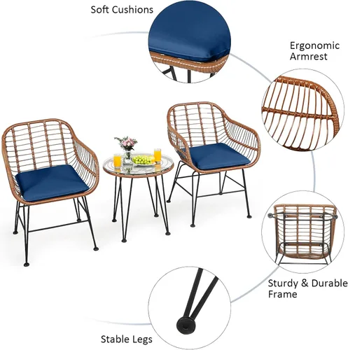 Miniatura 7 de Tangkula - Juego de 3 piezas para conversación en el patio, juego de muebles de mimbre al aire libre con mesa redonda de vidrio templado y 2