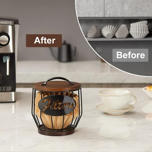 Miniatura 6 de Yangbaga Soporte para filtro de café con tapa de madera, cesta de almacenamiento de filtro de café de madera y metal para filtros de café de 2 a 4