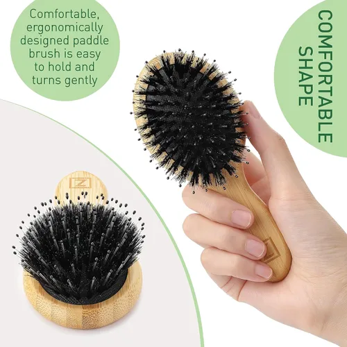 Miniatura 5 de Cepillo de pelo de cerdas de jabalí natural, tamaño mini, portátil, fácil de transportar para mujeres, hombres y niños; cepillo para desenredar seco