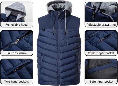 Miniatura 2 de Vcansion Chaleco acolchado de invierno para hombre, chaqueta sin mangas con capucha extraíble, chaleco acolchado