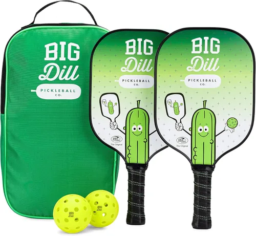Big Dill Pickleball Juego de 2 paletas de pickleball con pelotas de pickleball al aire libre, fundas de paleta y bolsa de transporte | Juego de 2