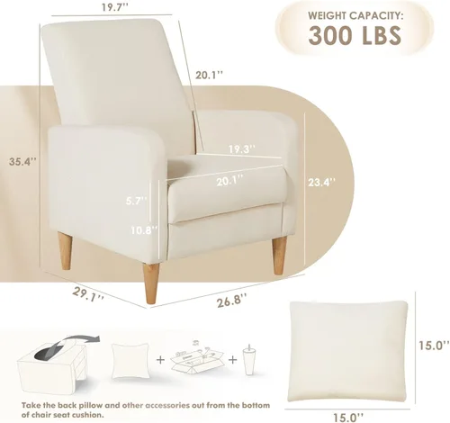 Miniatura 2 de COLAMY Mid-Century - Silla decorativa tapizada moderna con almohada trasera y patas de madera maciza, sillón acogedor de tela para sala de estar