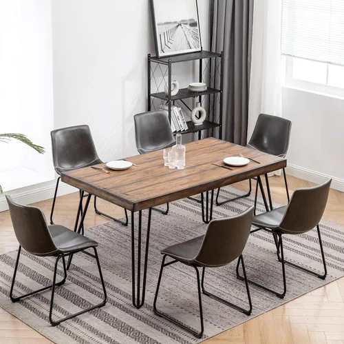 Roundhill Furniture Aryven - Juego de comedor industrial de 7 piezas con mesa rústica de pino oscuro y 6 sillas de piel sintética, color gris