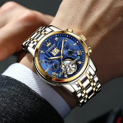 Miniatura 3 de OLEVS Relojes automáticos para hombres, reloj de pulsera mecánico de esqueleto de lujo dorado con cuerda automática, diamante luminoso, impermeable